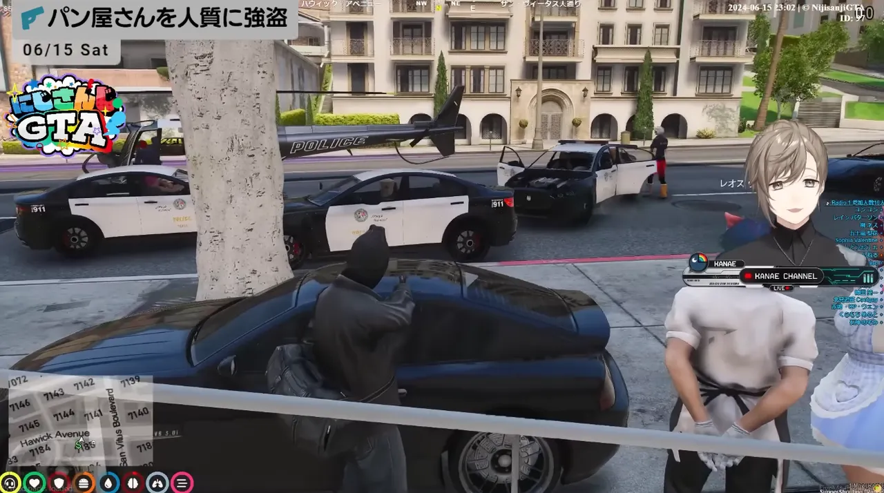 「にじさんじGTA」のロゴが入った叶の配信画面。「パン屋さんを人質に強盗」のテロップが出ており、路上にはパトカーが3台並んでいる