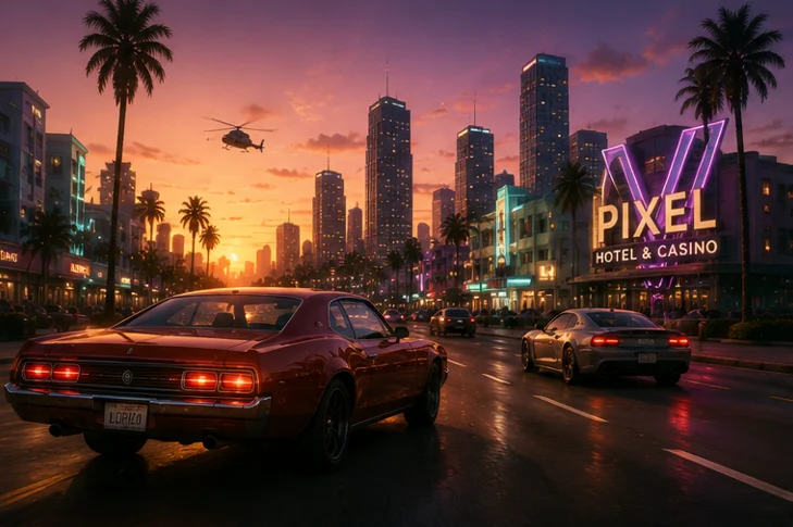 夕暮れの大通りに立つPIXEL HOTEL & CASINOのネオンサイン。カジノへ向かって車が走っている