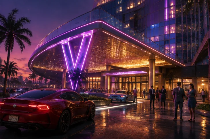 夜のPIXEL HOTEL & CASINO。紫のネオンサインが灯るエントランスに車が停まり、着飾った客が集まっている
