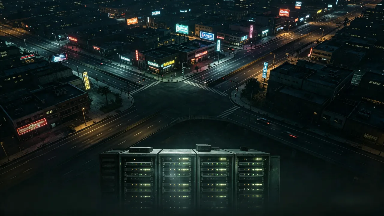 夜の街を見下ろす構図の中央に置かれたサーバーラック。GTA Vの街とサーバーがつながるイメージ