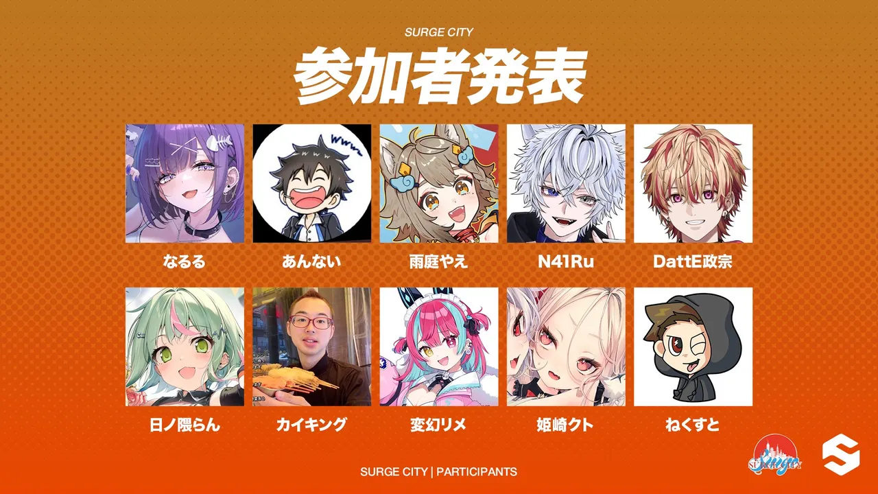 SURGE Cityの参加者発表画像。オレンジの背景に「参加者発表」の見出しがあり、なるる・あんない・雨庭やえ・N41Ru・DattE政宗・日ノ隈らん・カイキング・変幻リメ・姫崎クト・ねくすとの10名のアイコンと名前が2段で並んでいる