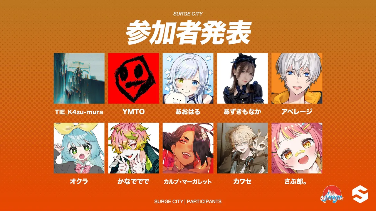 SURGE Cityの参加者発表画像。TIE_K4zu-mura、YMTO、あおはる、あずきもなか、アベレージ、オクラ、かなででで、カルプ・マーガレット、カワセ、さぶ郎。の10名のアイコンがオレンジ色の背景に2段で並んでいる