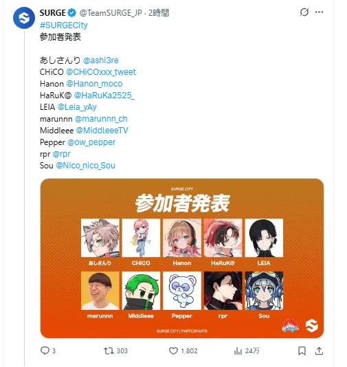 SURGE公式Xの投稿のスクリーンショット。あしさんり、CHiCO、Hanon、HaRuK@、LEIA、marunnn、Middleeee、Pepper、rpr、Souの10名の名前とアカウントが並び、その下に参加者発表の画像が添えられている