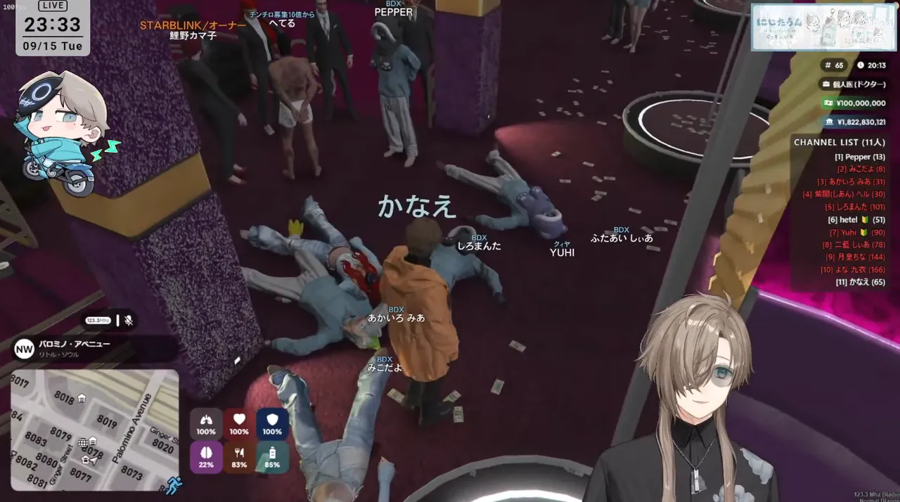 叶視点の画面（ゲーム内20時台）。クラブの店内で、BDXのタグが付いたしろまんた・あかいろ みあ・みこだよ・YUHIらが床に倒れ、周囲に札が散らばっている。右上の職業表示は「個人医（ドクター）」