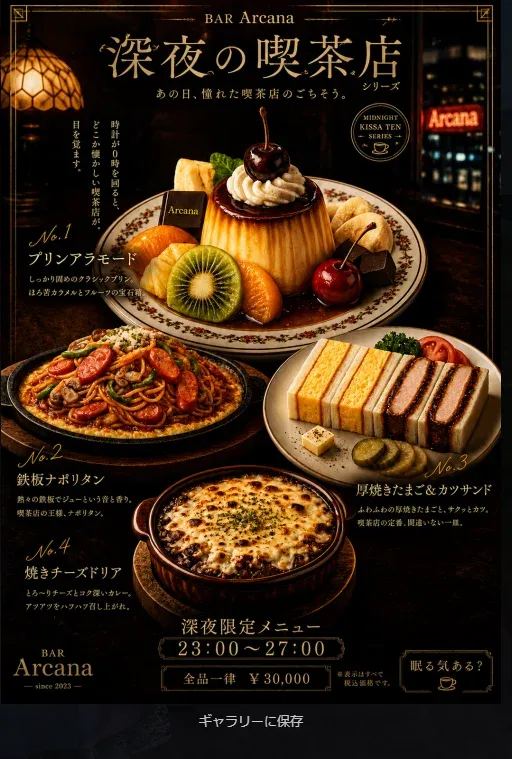 The late-night limited menu (23:00–27:00) of the restaurant "BAR Arcana," open into the small hours