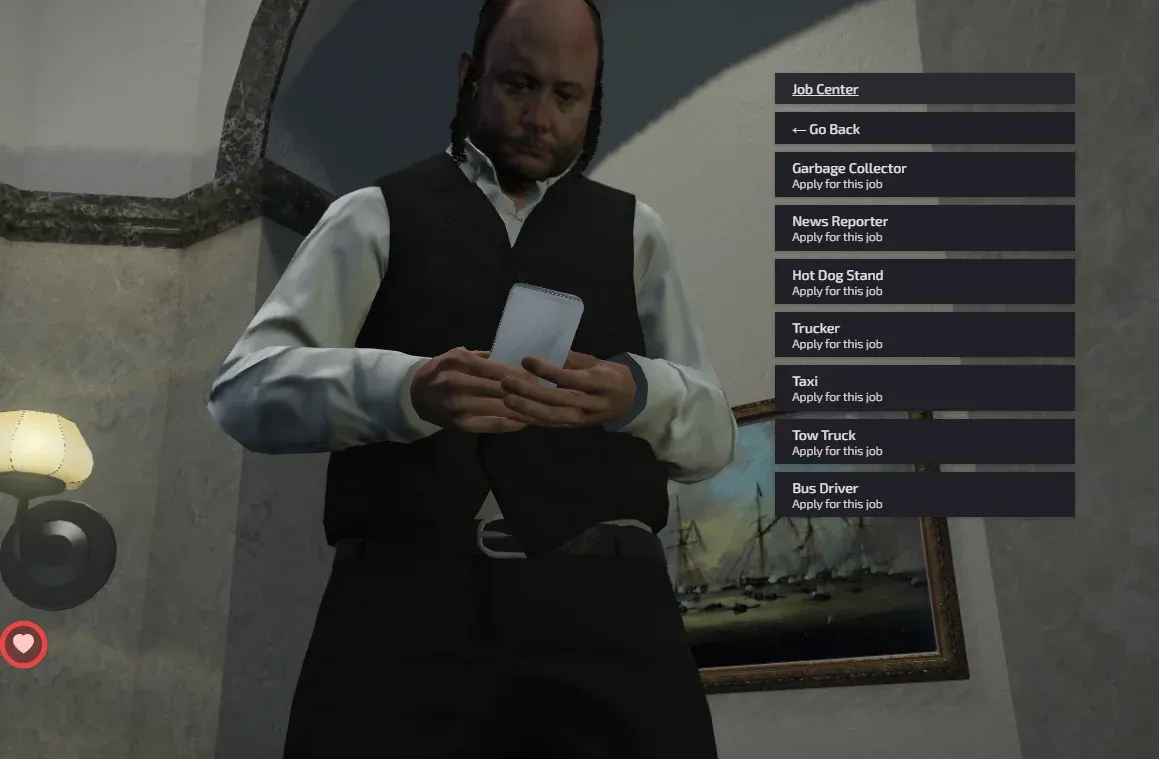 The Job Center application screen, listing the seven jobs: Garbage Collector, News Reporter, Hot Dog Stand, Trucker, Taxi, Tow Truck, and Bus Driver