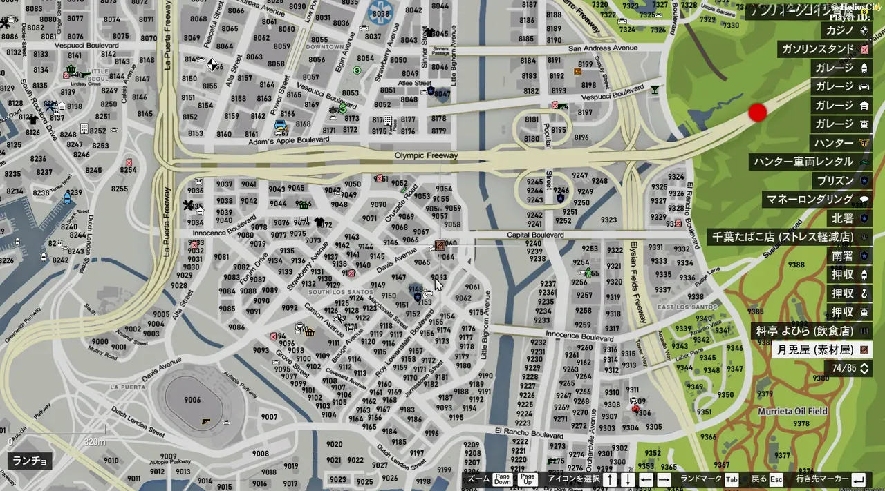 The full map of HeliosCity, dotted with facility markers — casino, garages, north/south police stations, the material shop (Getsutoya), a restaurant (Ryotei Yohira), and a stress-relief shop (Chiba Tobacco)
