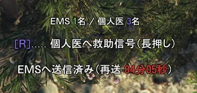 救助要請の画面表示。「EMS 1名 / 個人医 3名」「[R]…… 個人医へ救助信号（長押し）」「EMSへ送信済み（再送 04分05秒）」と表示されている