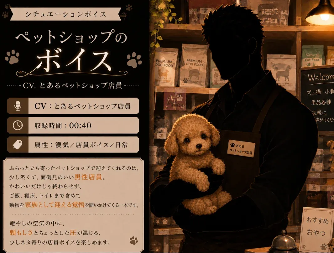 ペットショップのシチュエーションボイス販売広告。「ペットショップのボイス」CV：とあるペットショップ店員、収録時間00:40