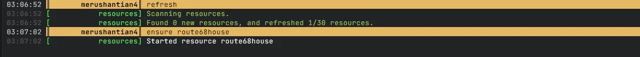 txAdminのコンソールで refresh と ensure route68house を実行し、「Started resource route68house」と表示された画面