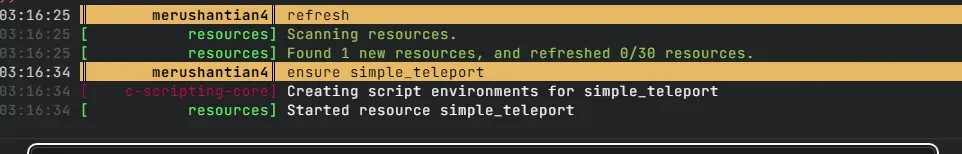 txAdminのコンソールで ensure simple_teleport を実行し、「Started resource simple_teleport」と表示された画面