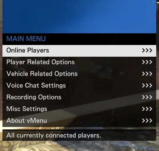 ゲーム内で開いた vMenu の MAIN MENU。Online Players、Player Related Options、Vehicle Related Options などの項目が並ぶ