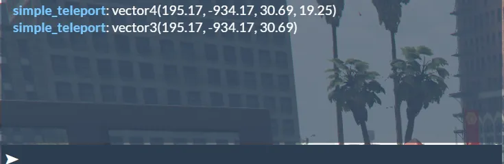 /copycoords vector3 の実行結果。「simple_teleport: vector3(195.17, -934.17, 30.69)」が追加で表示されている