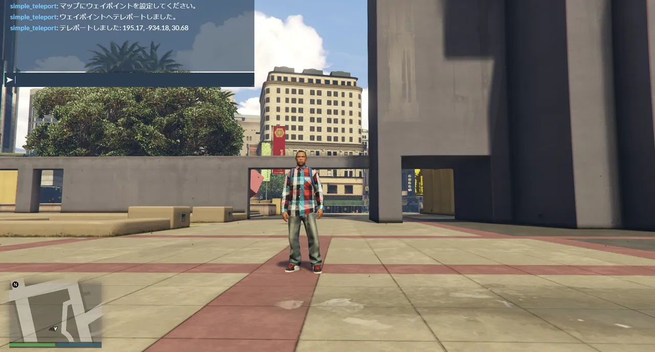 /back でレジオンスクエアへ戻った画面。「simple_teleport: テレポートしました: 195.17, -934.18, 30.68」と表示されている