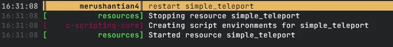 txAdminのコンソールで /tpm 実装後に restart simple_teleport を実行し、「Started resource simple_teleport」と表示された画面
